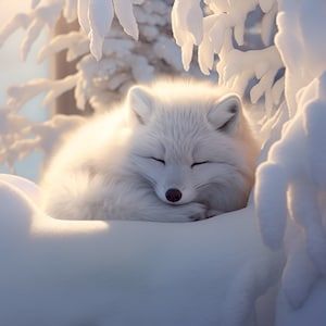 May include: A white arctic fox curled up and sleeping in a snowy forest. The fox is nestled in the snow with its eyes closed and its paws tucked under its body.