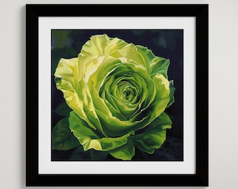 May include: A close-up of a green rose with a yellow centre. The rose is in focus and the background is blurred.
