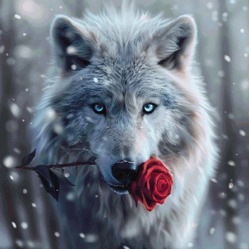Stunning White Wolf With Blue Eyes and Red Rose Digital Counted