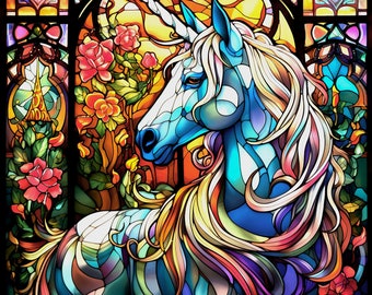 マジカルユニコーンのステンドグラスクロスステッチパターンデジタル