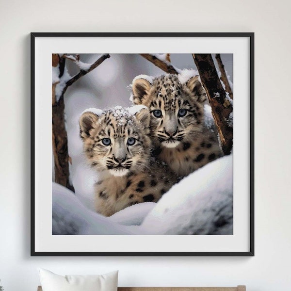 Snow Leopard Cubs Counted Cross Stitch Pattern Instant PDF Download Winter Wildlife