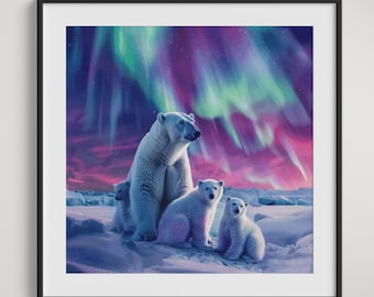 シロクマの母熊と子熊のオーロラ北極クロスステッチパターン PDF