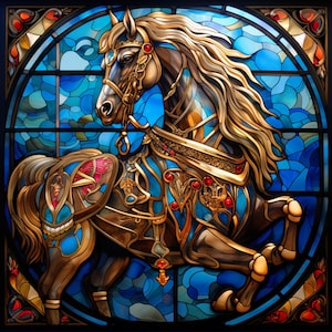 Beautiful Carousel Horse Stained Glass Cross Stitch Pattern with vibrant colors | Instant PDF Download