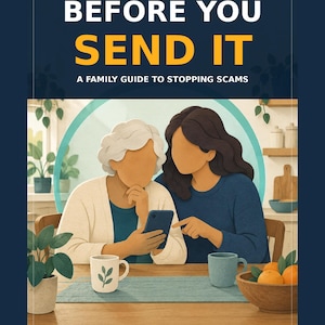 Könnte beinhalten: Ein Buchcover mit dem Titel FAMILY SCAM SAFETY BEFORE YOU SEND IT A FAMILY GUIDE TO STOPPING SCAMS. Die Illustration zeigt zwei Personen, die an einem Tisch mit Tassen und einer Schale Orangen auf ein Smartphone schauen. Der Text umfasst REAL CASES, CURRENT WARNINGS, ACTION GUIDES, 2026 EDITION und LoveSusieDesign.