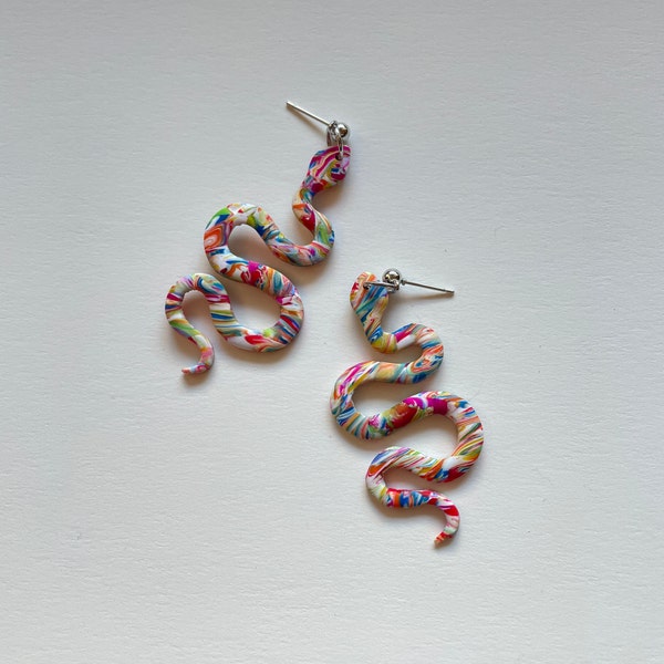 Multicolor Swirl Snake Rainbow Polymer Clay Earrings