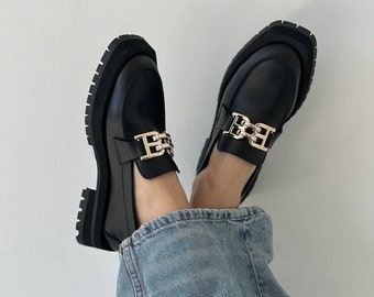 Chunky loafers, black leather loafers women,   square toe loafers, platform loafers