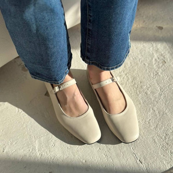 Mary janes, beige mary jane flats,  leather shoes, ballet flats