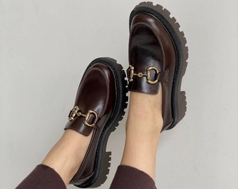 Chunky loafers women, buckled loafers, brown leather loafers, platform loafers