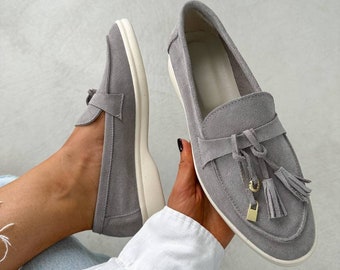 Penny loafers women, suede loafers, gray loafers women, loro loafers