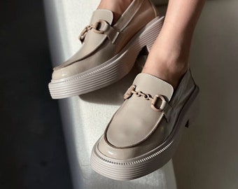 Platform loafers, patent loafers, beige patent leather loafers women, chunky loafers