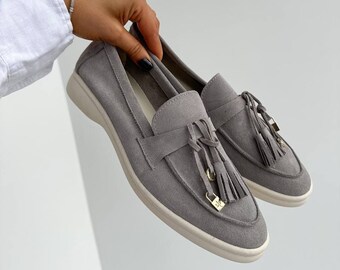 Penny loafers women, suede loafers, gray loafers women, loro loafers