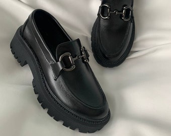 Black leather loafers women, penny loafers, leather shoes women, handmade shoes, chunky loafers with buckle