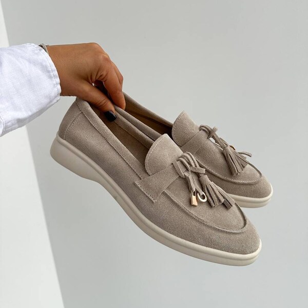 Suede loafers women, penny loafers, beige loafers women, loro loafers