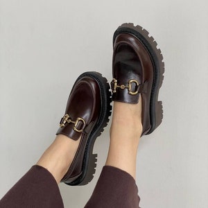 Chunky loafers women, buckled loafers, brown leather loafers, platform loafers