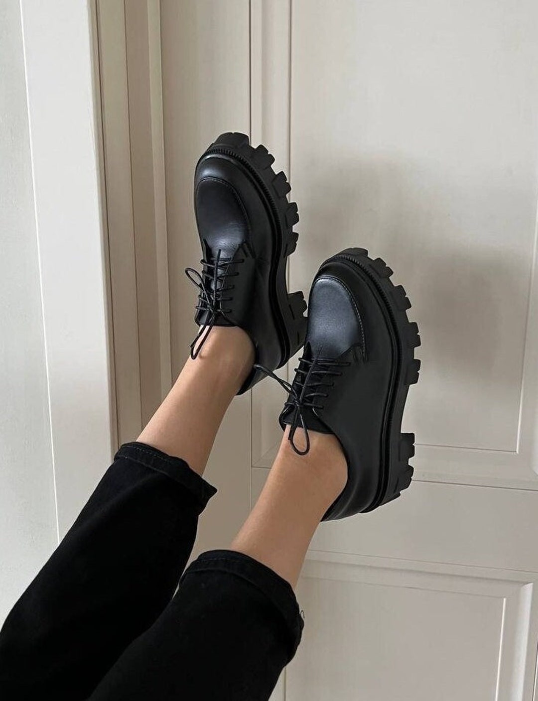 Women Oxfords, Tie Shoes, Black Leather Platform Shoes, Chunky Oxford