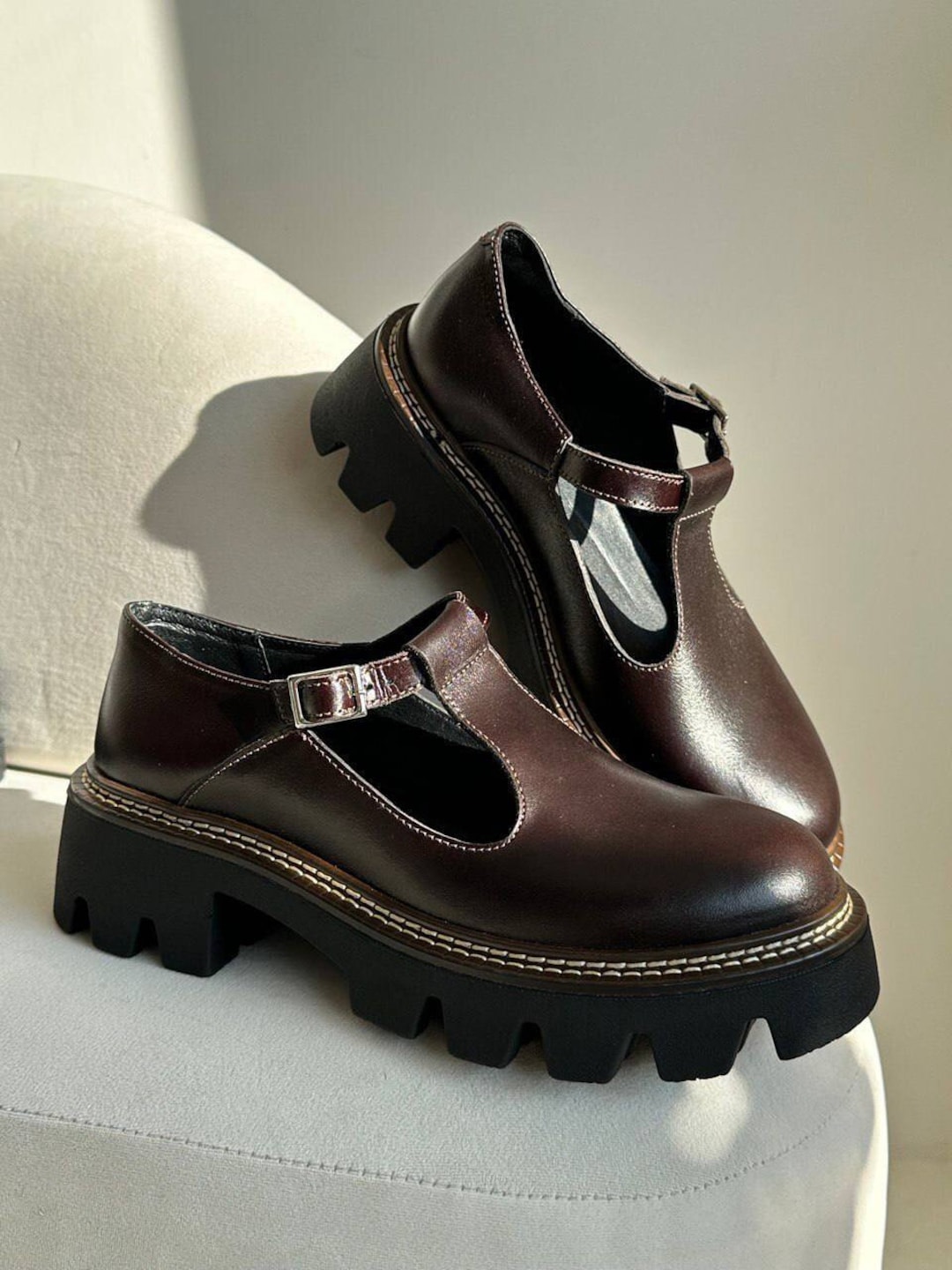 Brown Mary Janes, Low Heels Pumps, Leather Shoes Women, Barefoot Shoes