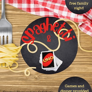 Bearbeitbarer PTA Flyer für Spaghetti und Uno Night mit Anweisungen