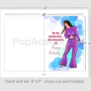 May include: A greeting card featuring a colorful illustration of a woman singing into a microphone. The card has a blue, purple, and white background with the text "No me queda m&aacute;s... Que desearte un Happy Birthday".