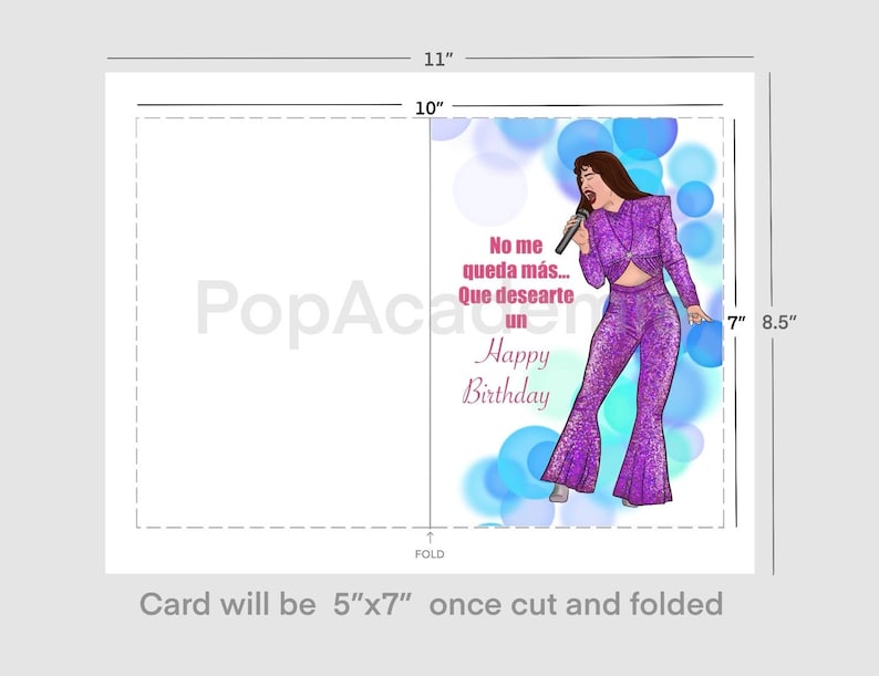 May include: A greeting card featuring a colorful illustration of a woman singing into a microphone. The card has a blue, purple, and white background with the text "No me queda m&aacute;s... Que desearte un Happy Birthday".