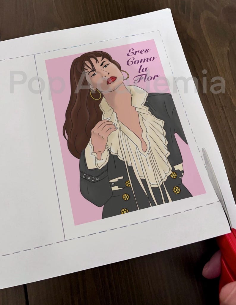 May include: A pink background with a drawing of a woman with long brown hair wearing a black jacket with gold buttons and a white blouse. The text "Eres Como La Flor" is written in purple above the woman's head.