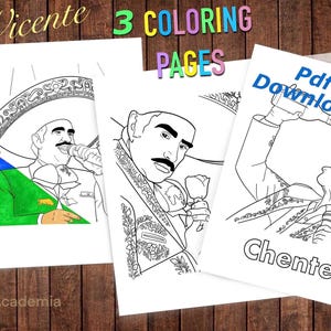 May include: Three black and white coloring pages featuring illustrations of Vicente Fernandez, a Mexican singer. The text "3 Coloring Pages" is at the top of the page. The text "Vicente" is at the top of the first page. The text "Chente" is at the bottom of the third page. The text "Pdf Download" is at the top of the third page.