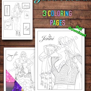 May include: Three coloring pages featuring line art illustrations of Jenni Rivera. The pages include the text "Jenni Rivera", "3 Coloring Pages", and "Pdf download". The background is a wooden texture.