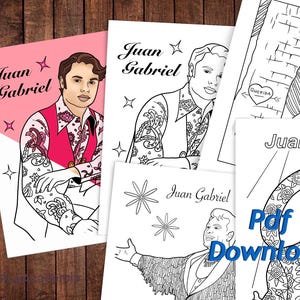May include: Black and white coloring pages featuring Juan Gabriel, a Mexican singer. The pages include images of Juan Gabriel in different poses, including one with a sombrero. The text "Juan Gabriel" appears on each page.