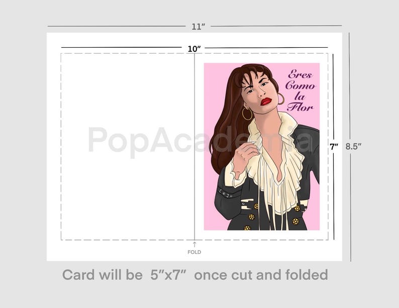 May include: A pink and white card with a drawing of Selena Quintanilla in a black jacket and white blouse. The text on the card reads "Eres Como la Flor".