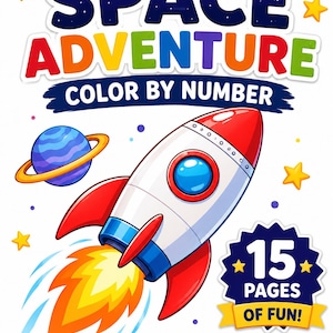 Peut inclure: Une couverture de livre d'activités Space Adventure Color By Number avec une fusée blanche, rouge et bleue, des flammes orange, une planète bleue à anneaux et des étoiles jaunes. Le texte indique Space Adventure Color By Number et 15 Pages Of Fun.