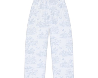 Ljusblå Toile dampyjamasbyxor! toile de jouy pyjamas, toile byxor, blå toile loungewear, ljusblå toile pyjamasbyxor, blå toile pyjamas