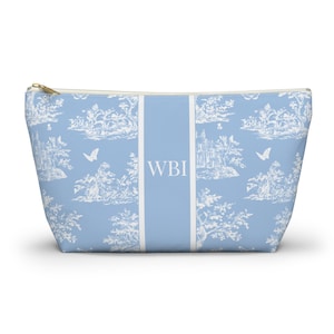 Blue Toile Personalized Makeup Bag | Personalized Cosmetic Bag | Personalized Toiletry Bag | Personalized Gift | Toile Bridesmaid Gift