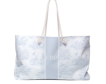 Light Blue Toile, Personalized Weekender Bag! personalized traveler gift, cottagecore aesthetics, monogram bag, blue toile tote large