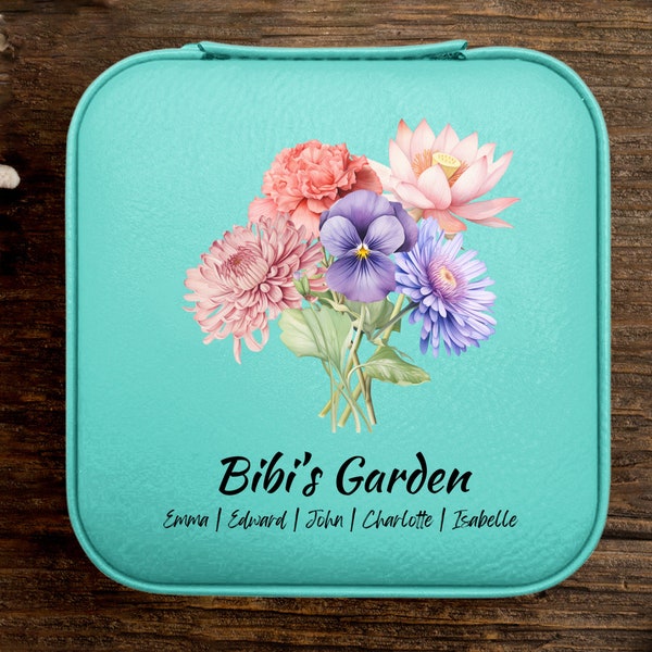 Birth Flower Travel Jewelry Case For Bibi With Grandkids Names, Custom Travel Jewelry Case Birth Flower, Personalized Bibi's Garden Gift