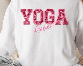 Sudadera para amantes del yoga, cuello redondo estilo universitario rosa con purpurina, prenda acogedora y espiritual.