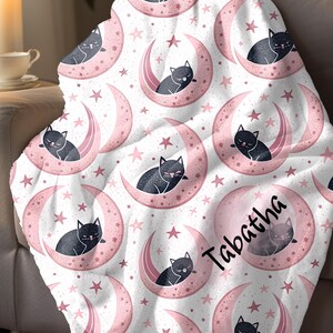 Personalized Black Cat Moon Blanket: Velveteen Plush Celestial Throw