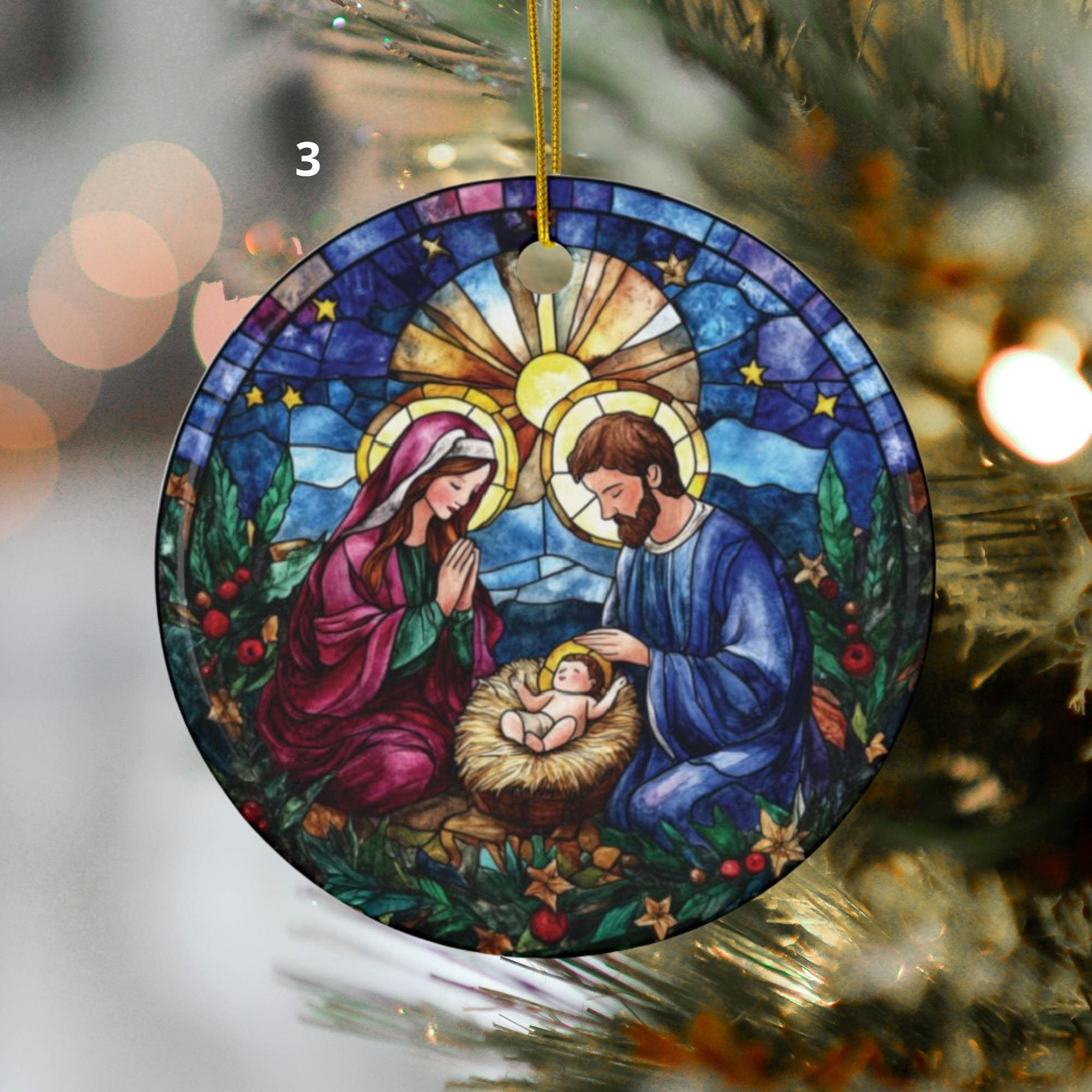 ステンドグラス風クリスマス置物 Stained Glass Style Nativity Ornament: Holy Family Ceramic
