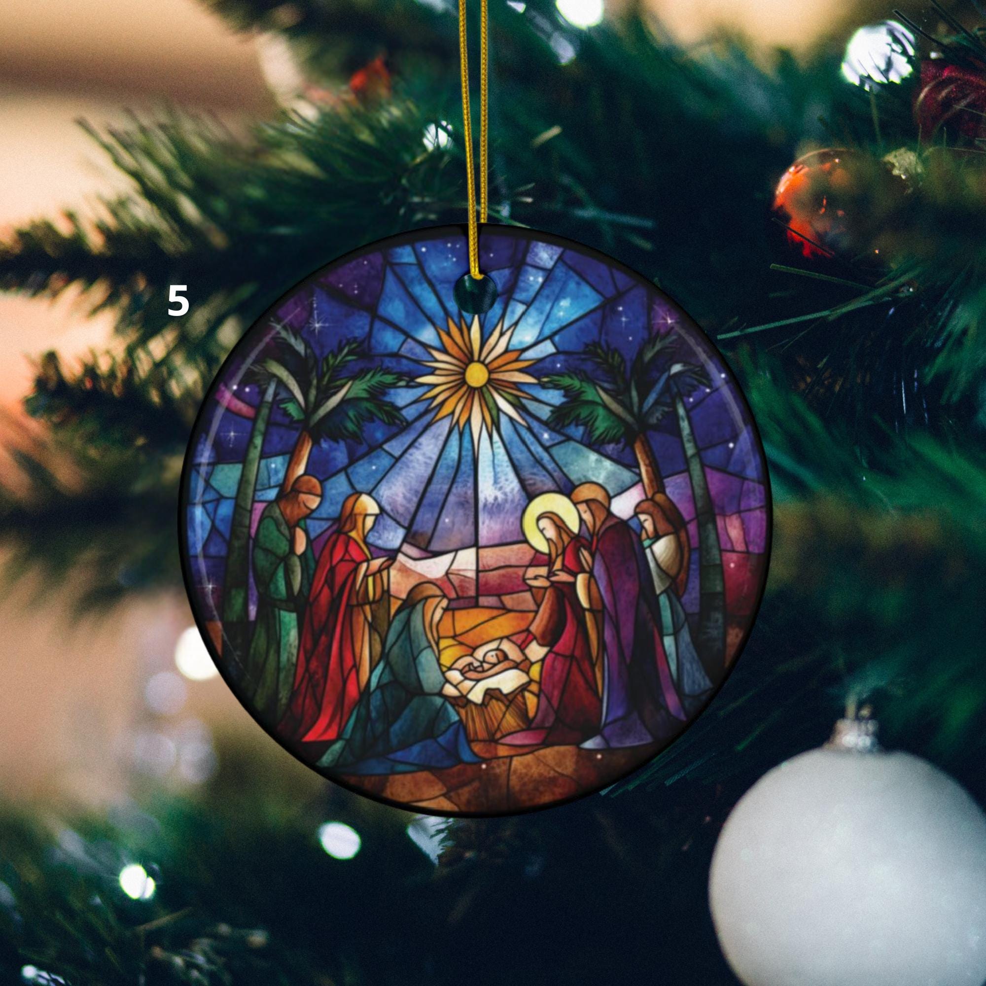 Stained Glass Style Nativity Ornament: Holy Family Ceramic
