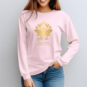Hari Om Long Sleeve Tee, Spiritual Lotus Tee, Yoga Apparel, Meditation Shirt, Mantra Hari Om Design, Mindfulness Clothing, Yoga Gift