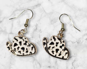 Cow print cowgirl hat earrings