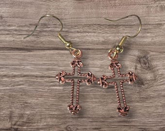 Copper tone cross earrings