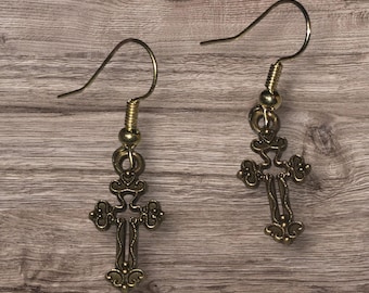 Bronze tone cross earrings