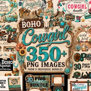 Mega Bundle Turquoise Boho Cowgirls 350+ PNG Digital Downloads Bull Skulls, Sunflowers, Turquoise Jewelry Frames Backgrounds Matchbooks