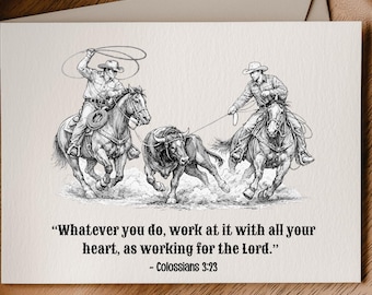 Dibujo PNG imprimible de Team Roping para descargar, decoración del Oeste, estampado vaquero. Versículo bíblico.