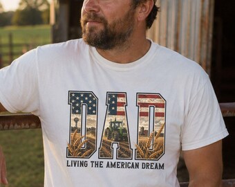Diseño "Papá Granjero" Descarga Digital, Tractor Verde, Bandera Americana, Trigo, Viviendo el Sueño Americano