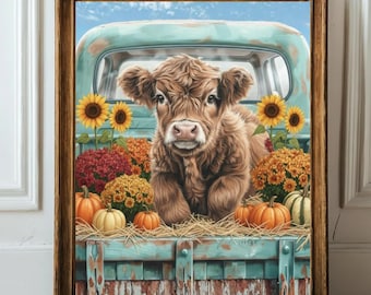 Highland Cow PNG fall vintage pickup truck fall autumn pumpkins, clipart instant digital download. Mums Sunflowers and Gourds