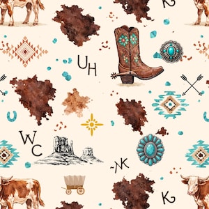 Naadloos patroon Western Hereford-koe, turquoise Azteekse cowgirl-ontwerp (digitaal papier)