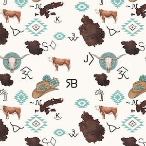 Western Ranch Seamless Pattern PNG, Hereford Cow Print, Turquoise Aztec Cowgirl Design, Cowboy Brand Digital Paper Cowhide Seamless Pattern