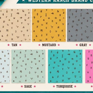 May include: A digital collection of 11 seamless cattle brand patterns featuring a western ranch theme. The image displays a turquoise fabric swatch with black brand symbols and 11 color variations including cream, tan, mustard, gray, blush, rose, ice blue, sage, turquoise, hot pink, and bubblegum pink.