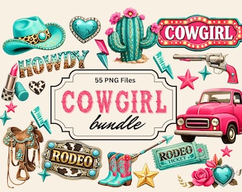Puede incluir: Ilustración digital con temática de vaquera, con sombrero vaquero turquesa, cactus y botas. La imagen incluye una camioneta rosa, un revólver y el texto "COWGIRL bundle".