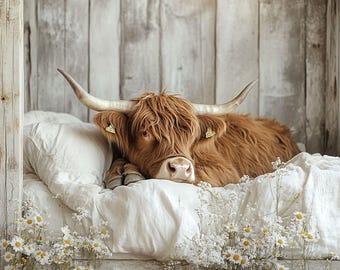 Highland Cow Bedroom PNG Art, Shabby Chic Clipart (Digital Download)